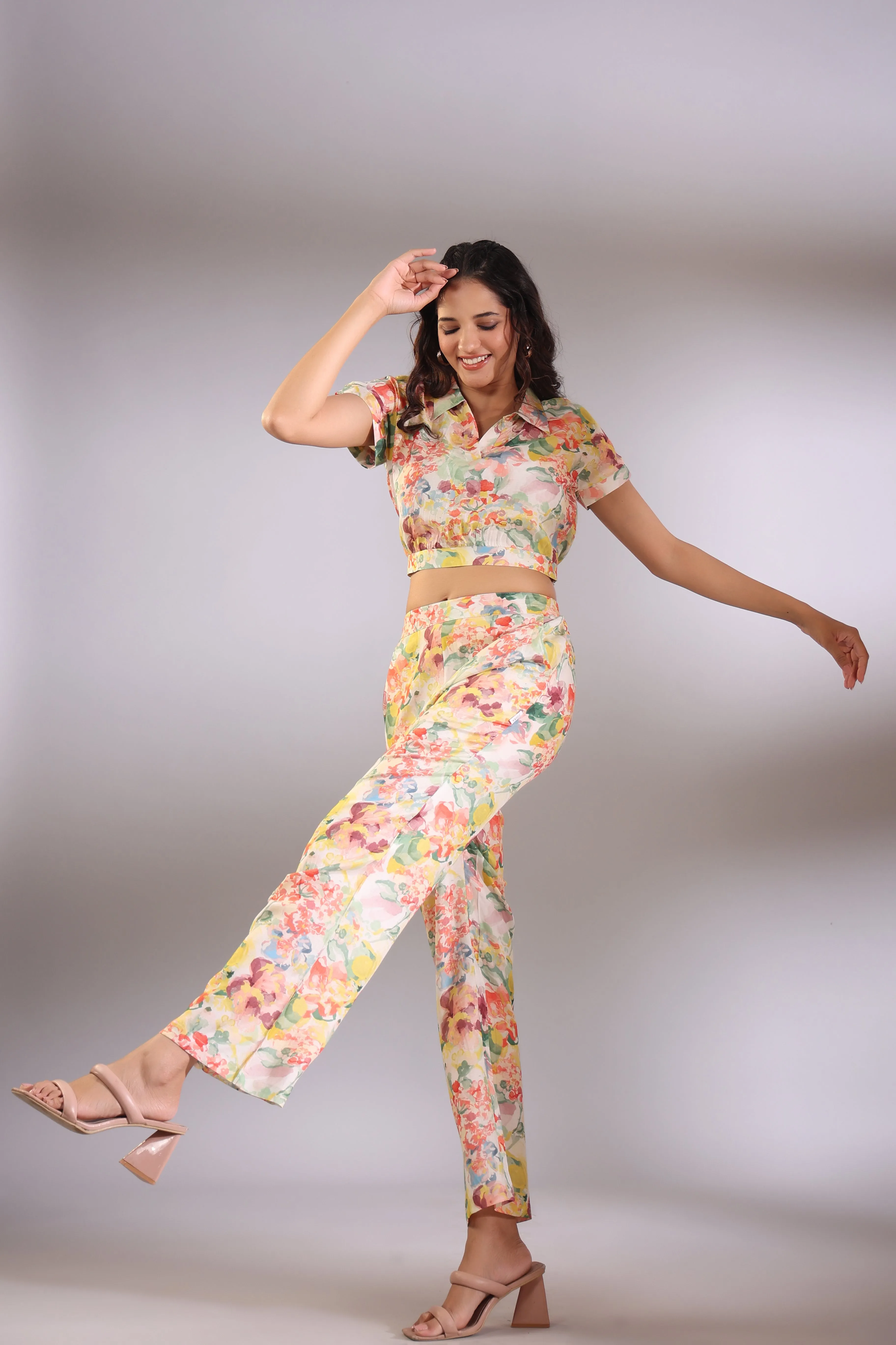 Cin Cin Muslin Silk Crop Top and Pants Co ord Set