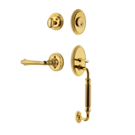 Classic Handleset with F-Grip and Classic Rosette with Fleur Lever in Polished Brass