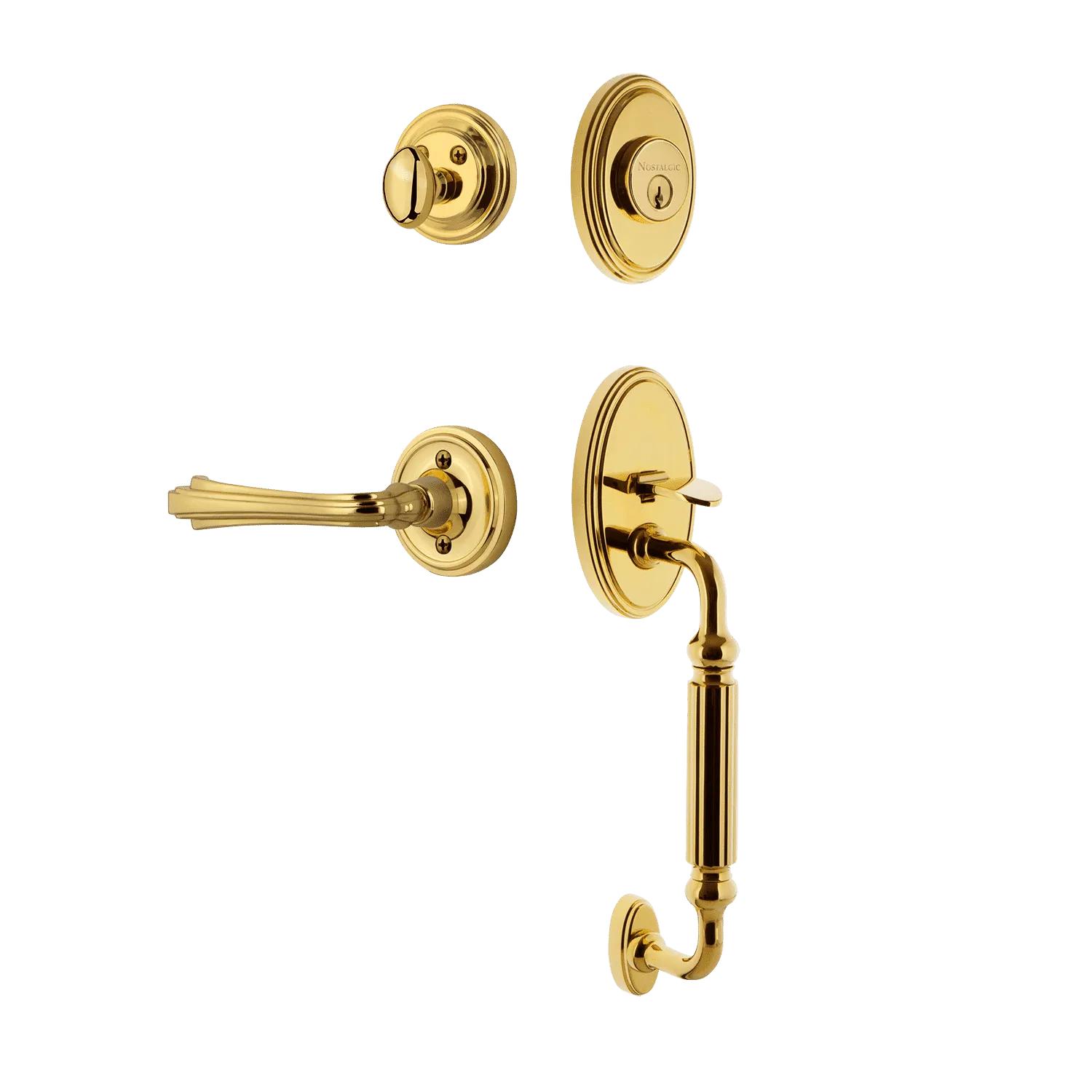 Classic Handleset with F-Grip and Classic Rosette with Fleur Lever in Polished Brass