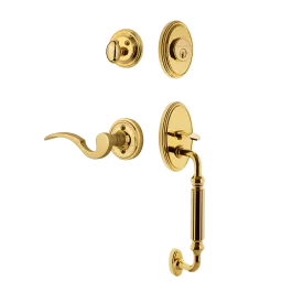 Classic Handleset with F-Grip and Classic Rosette with Manor Lever in Polished Brass