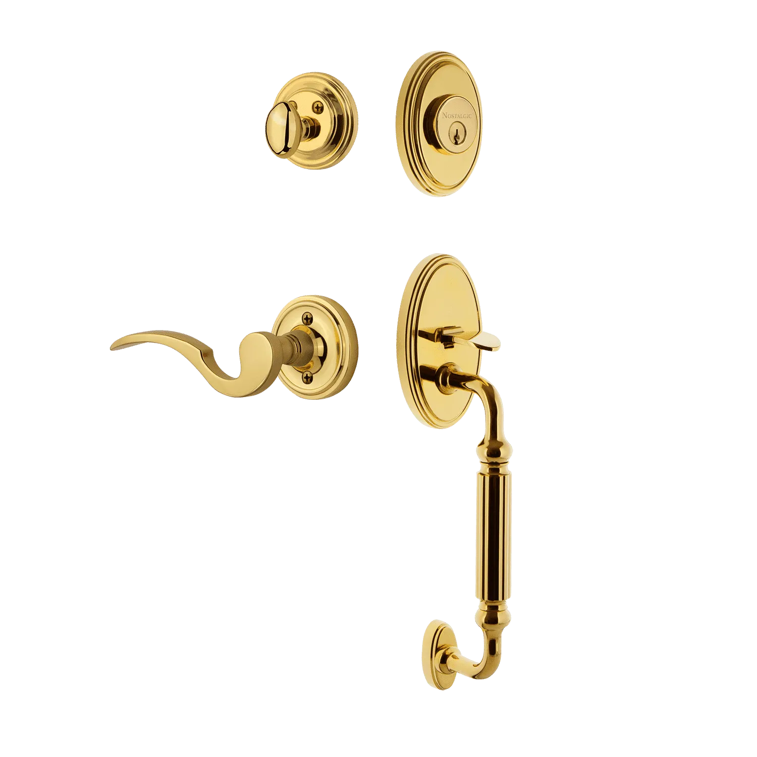 Classic Handleset with F-Grip and Classic Rosette with Manor Lever in Polished Brass