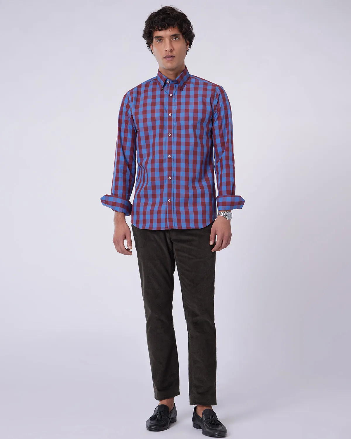 Cotton Checked Shirt - Maroon & Blue