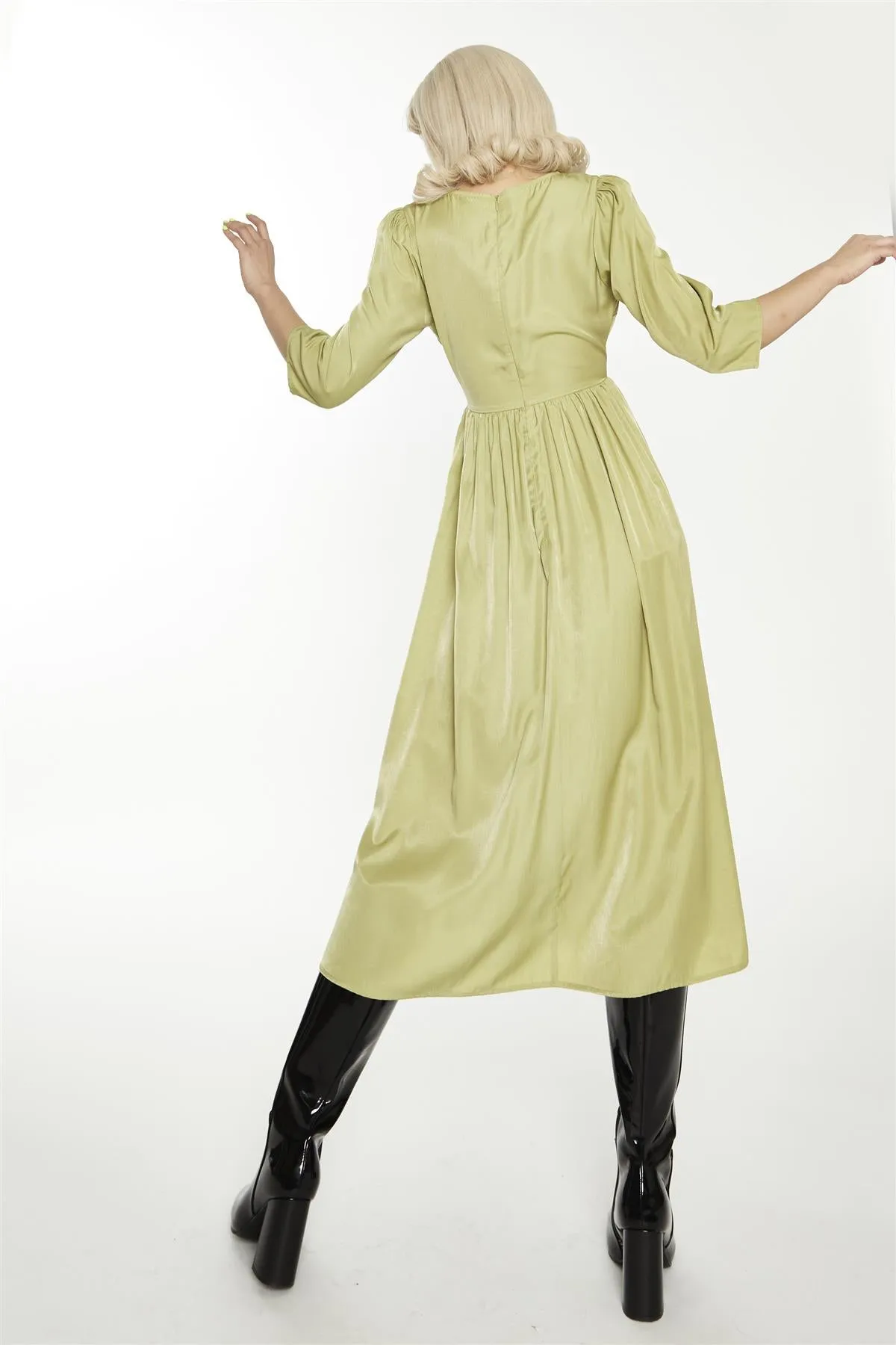 Dark-Pistachio Crew-Neck Midi-Dress