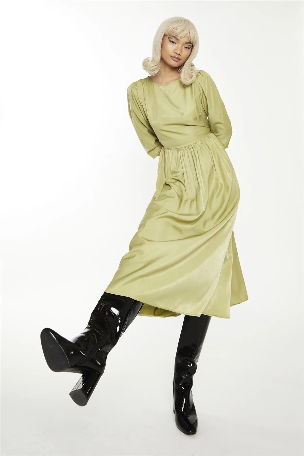 Dark-Pistachio Crew-Neck Midi-Dress