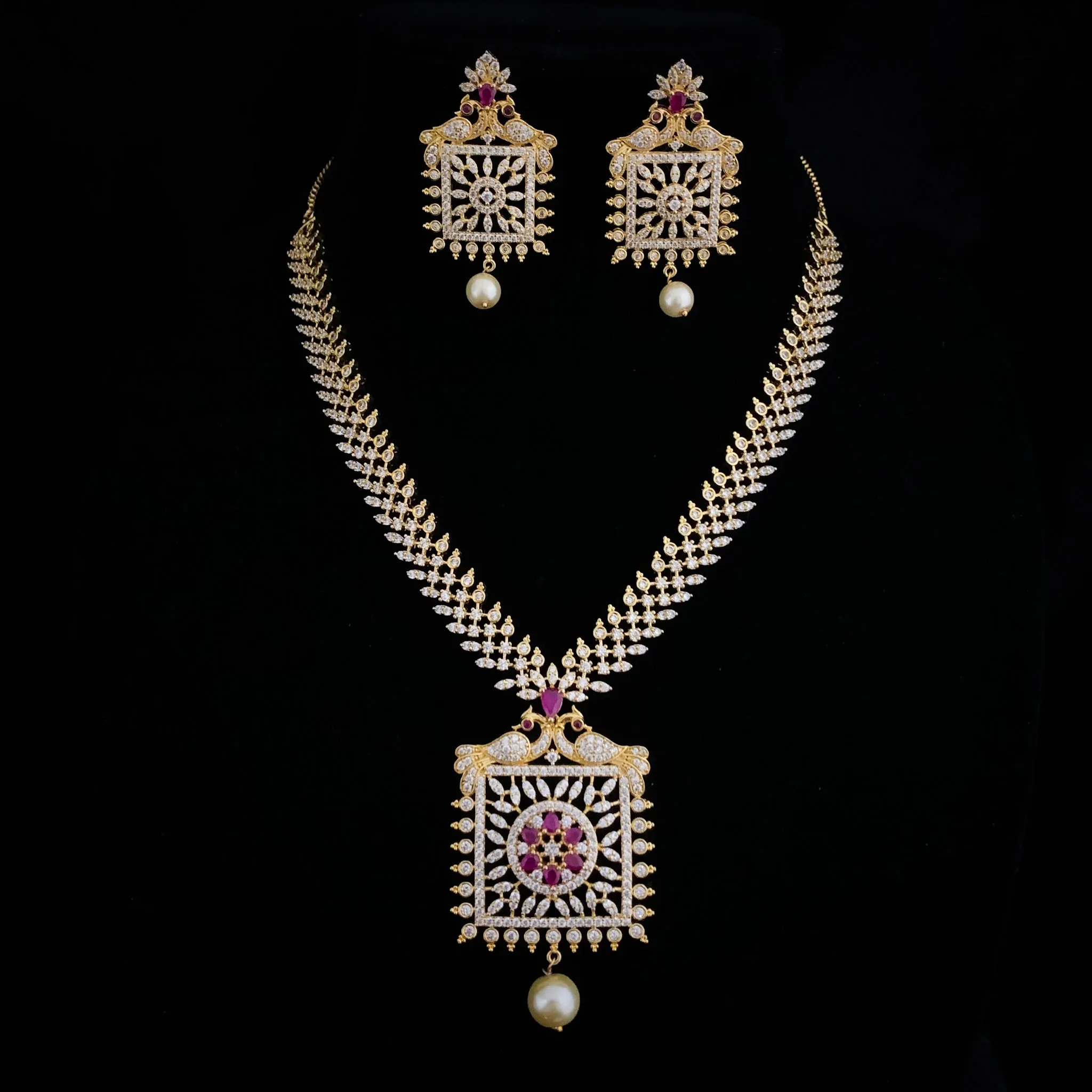 Dazzling White Zircon (CZ) stone Necklace Set with Unique Square Pendant and Peacock work