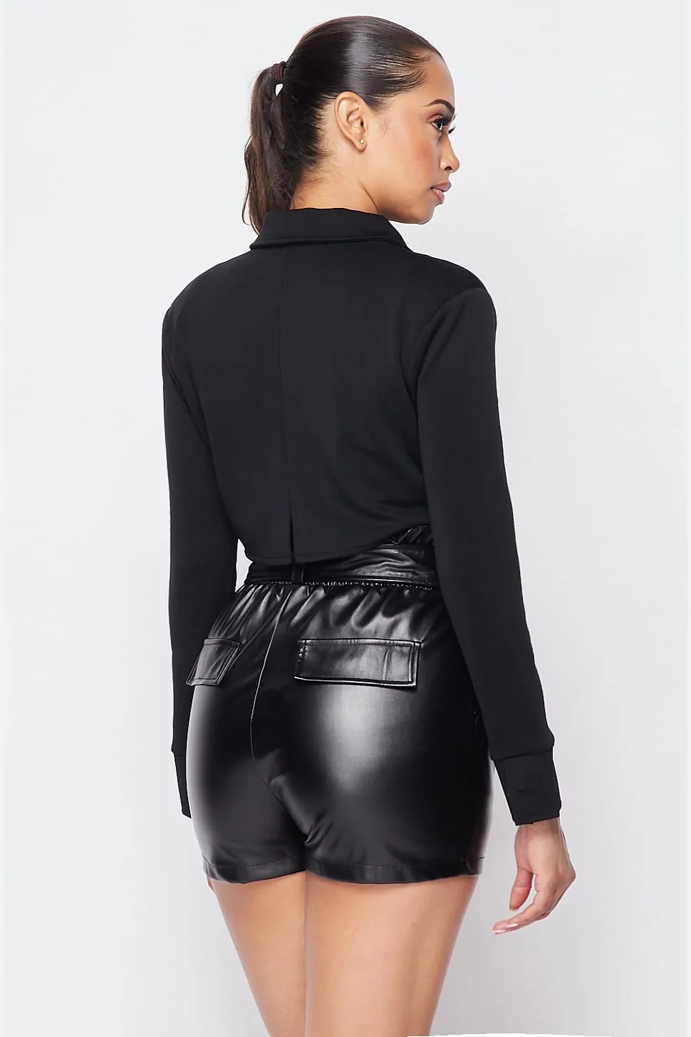 Deep-v Cropped Power Shoulder Blazer Bodysuit