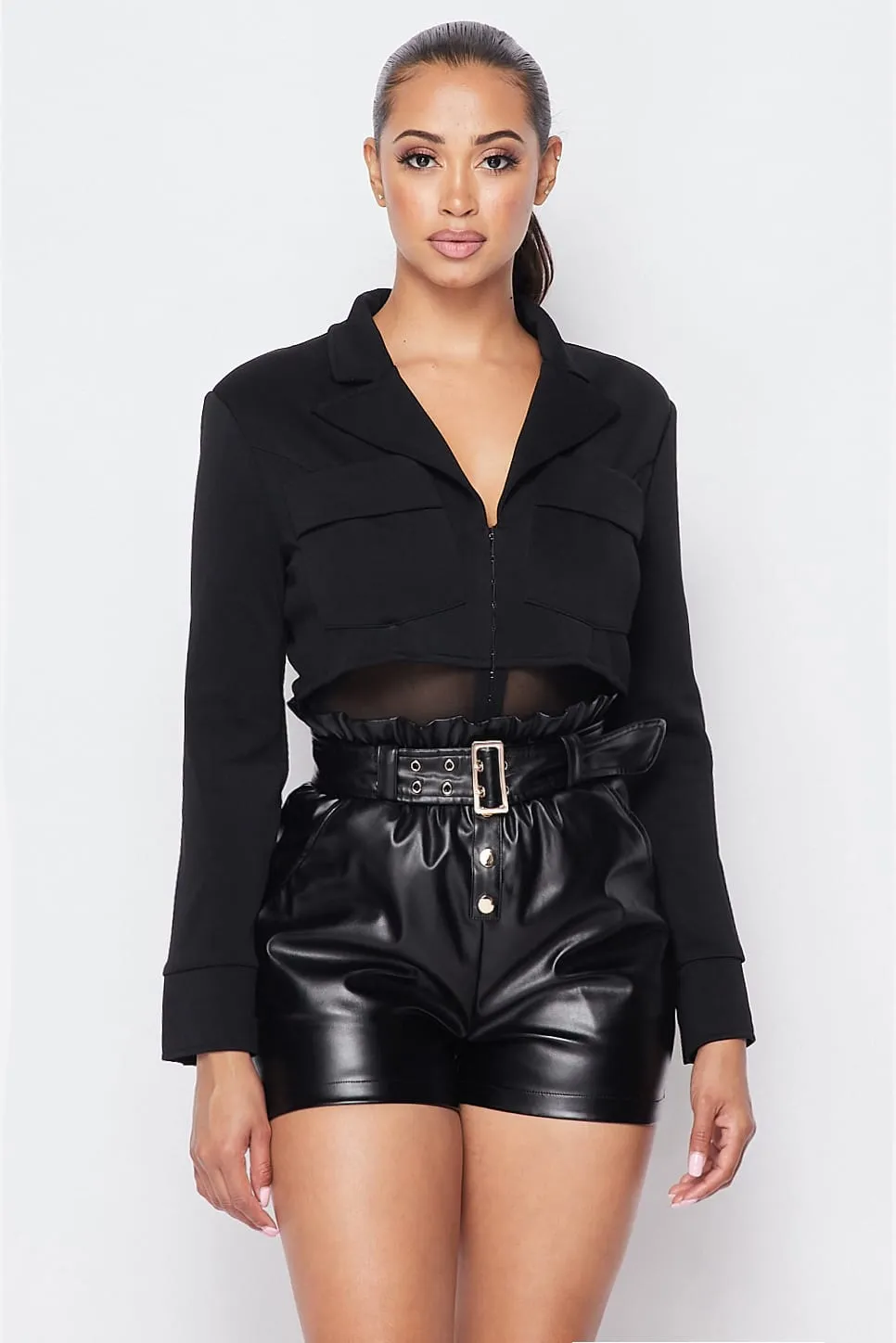 Deep-v Cropped Power Shoulder Blazer Bodysuit