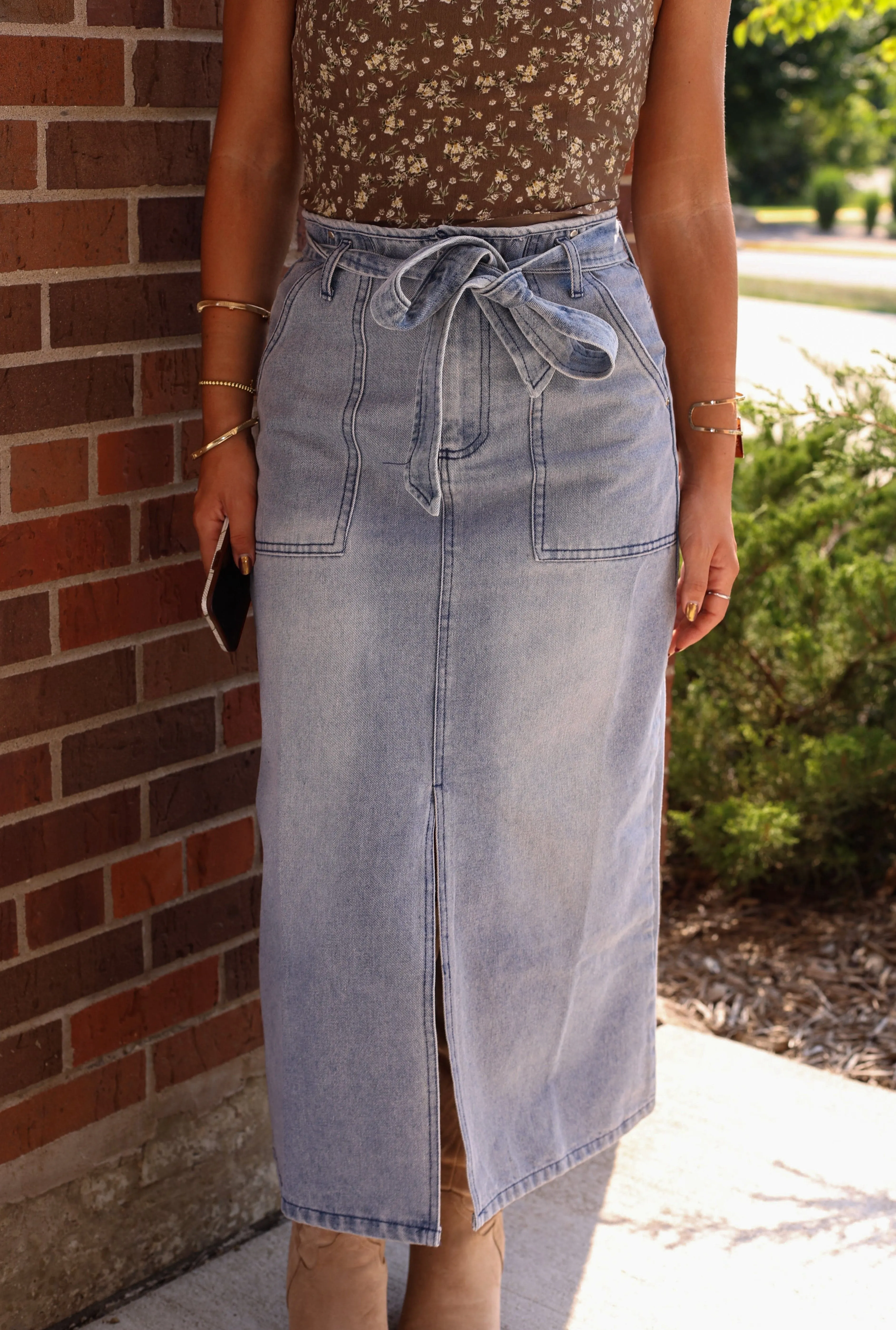 Denim Tie Waist Midi Skirt