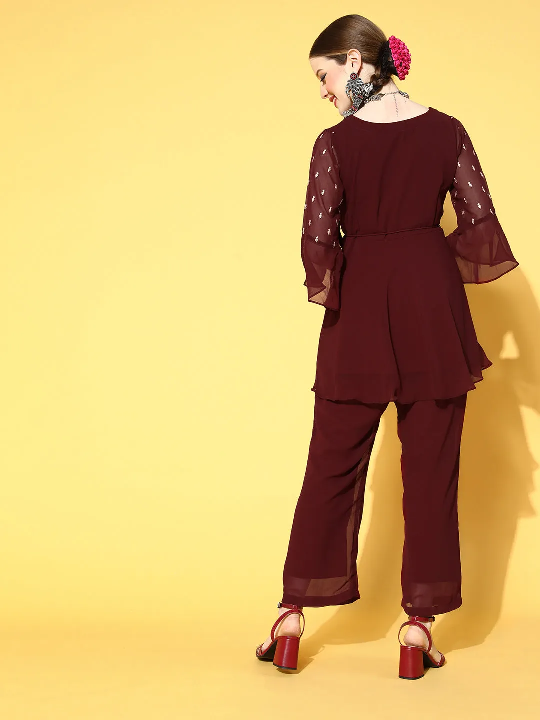 Ethnic Embroidered Short Kurta with Palazzo with Belt - Maroon