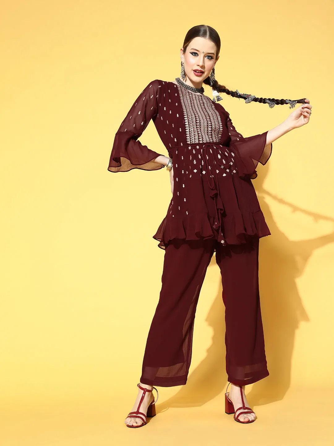 Ethnic Embroidered Short Kurta with Palazzo with Belt - Maroon