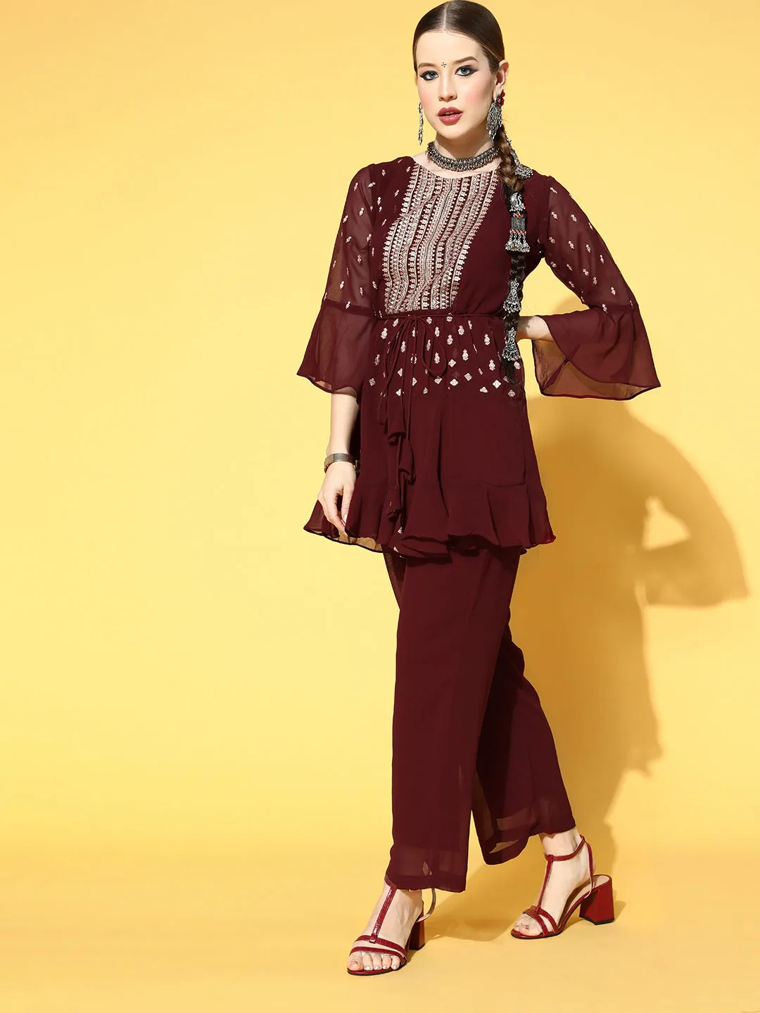 Ethnic Embroidered Short Kurta with Palazzo with Belt - Maroon