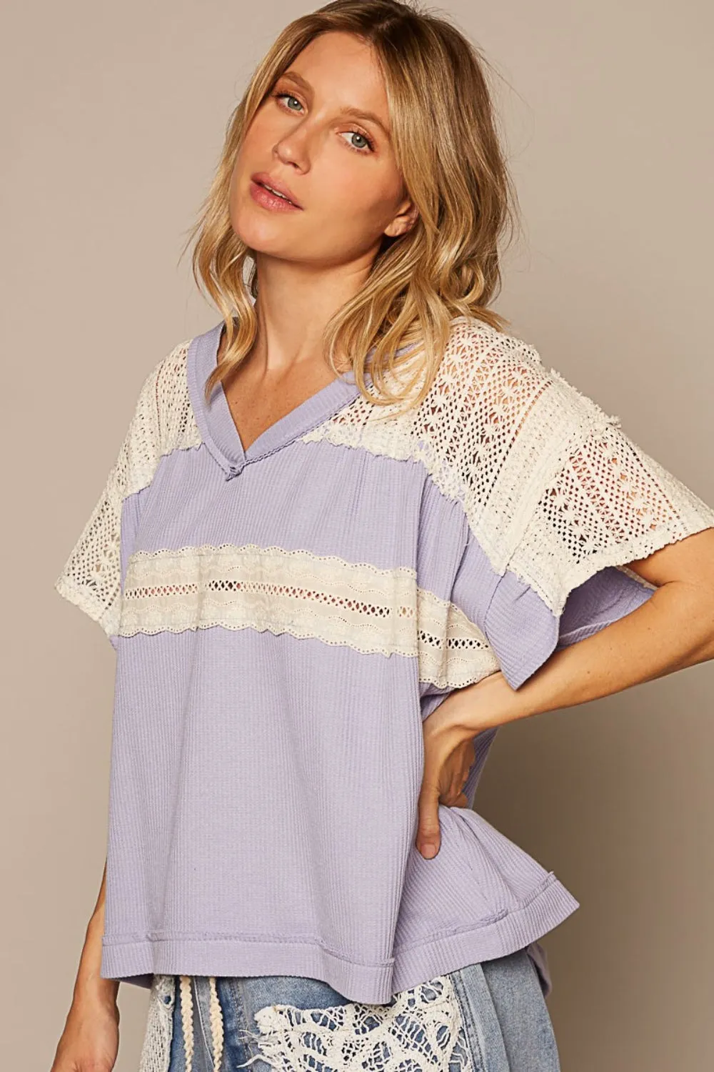 Explore More  Collection - POL V-Neck Short Sleeve Crochet Detail Top