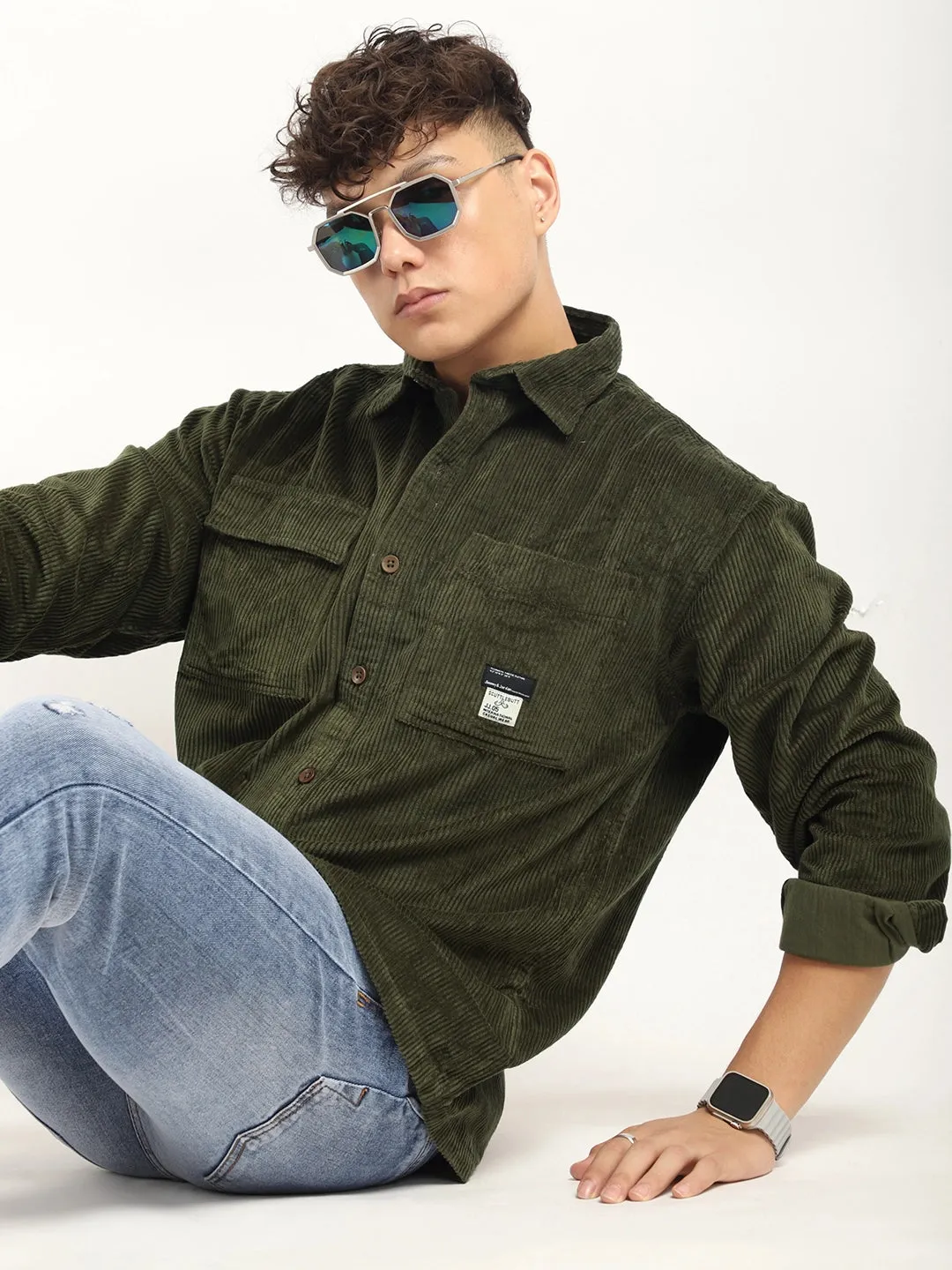 Fabric Corduroy Olive Full Sleeve Shirt