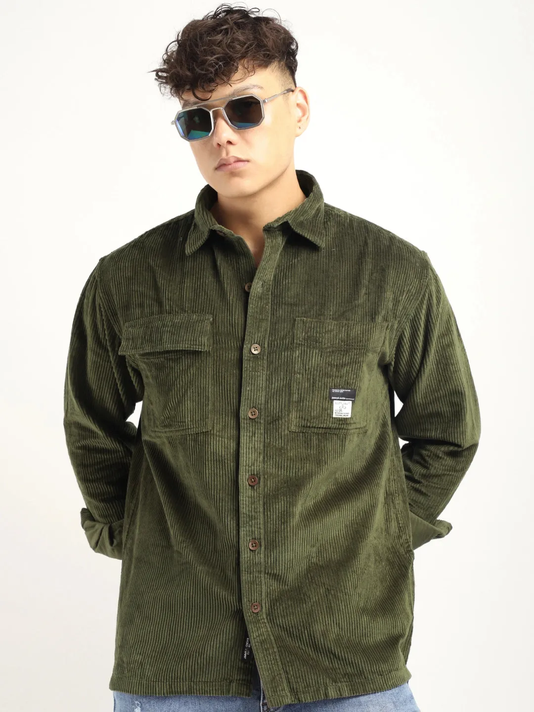 Fabric Corduroy Olive Full Sleeve Shirt