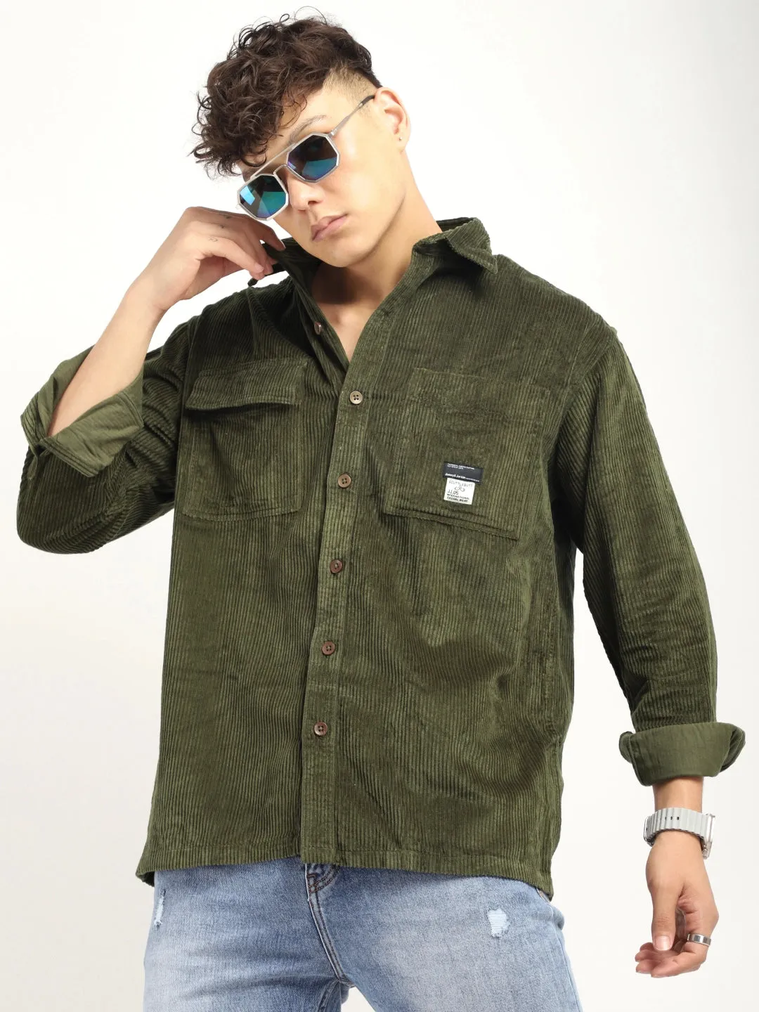 Fabric Corduroy Olive Full Sleeve Shirt