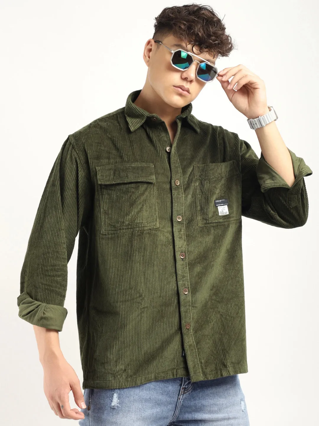 Fabric Corduroy Olive Full Sleeve Shirt