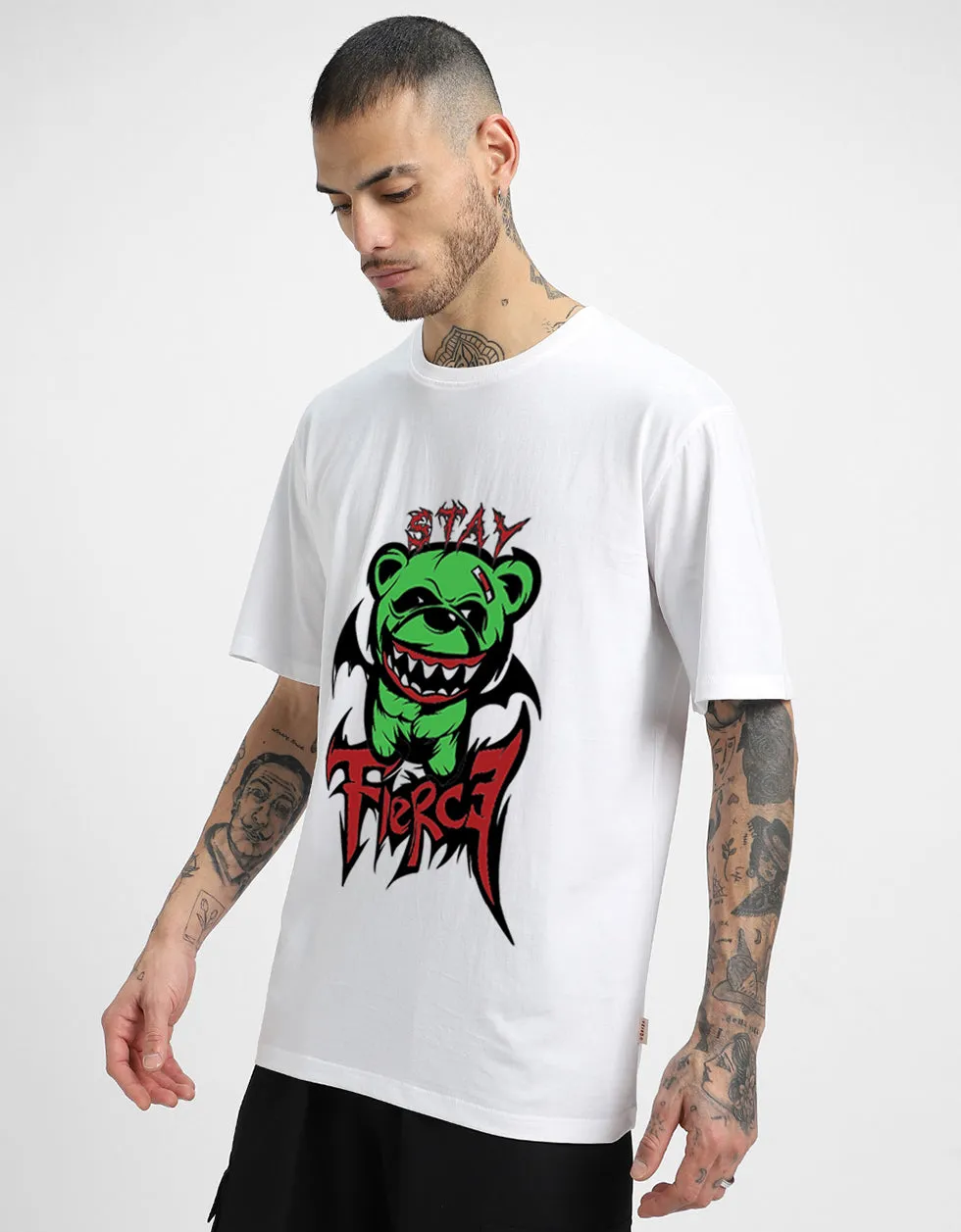 FIERCE White Oversized Front Graphic Prnted Tshirt