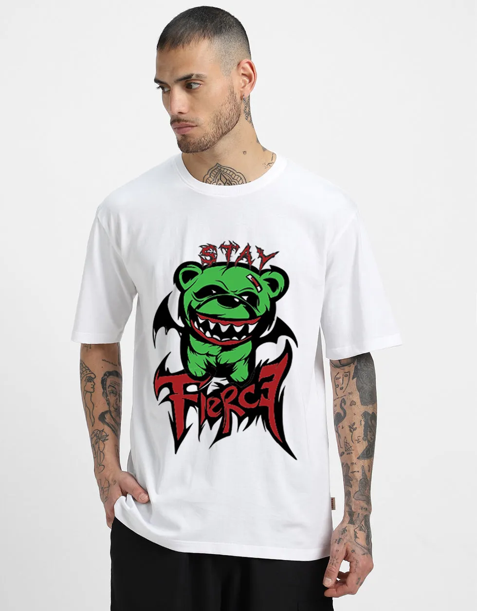 FIERCE White Oversized Front Graphic Prnted Tshirt