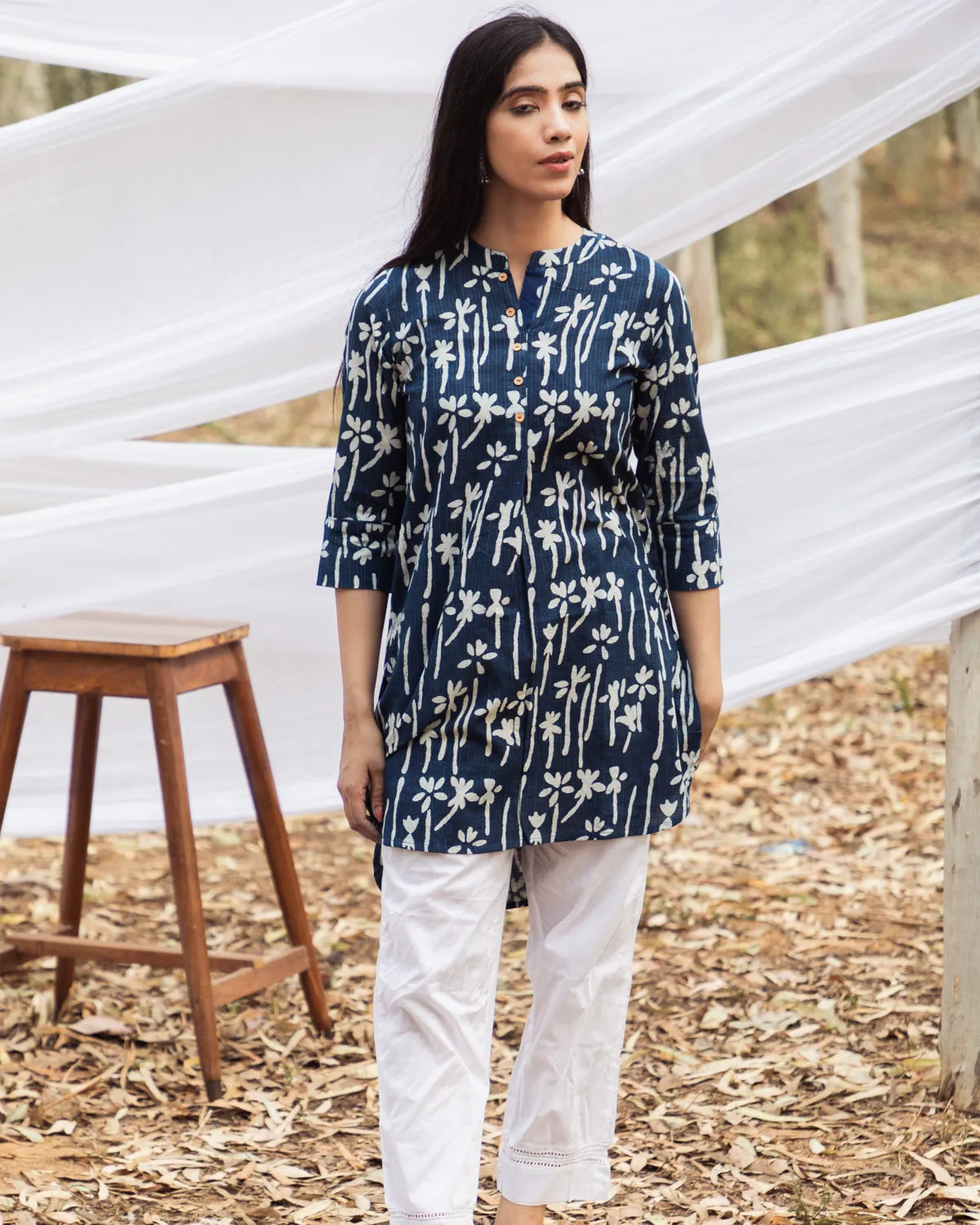 Floral Handblock Indigo Short Samiya Kurta with White Pant - Set of 2