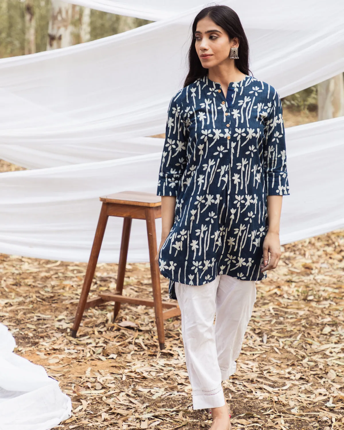 Floral Handblock Indigo Short Samiya Kurta with White Pant - Set of 2