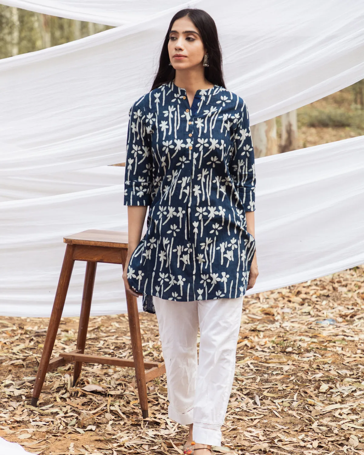 Floral Handblock Indigo Short Samiya Kurta with White Pant - Set of 2