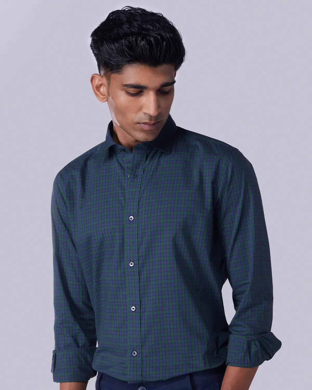 Green & Navy Poplin Checked Shirt