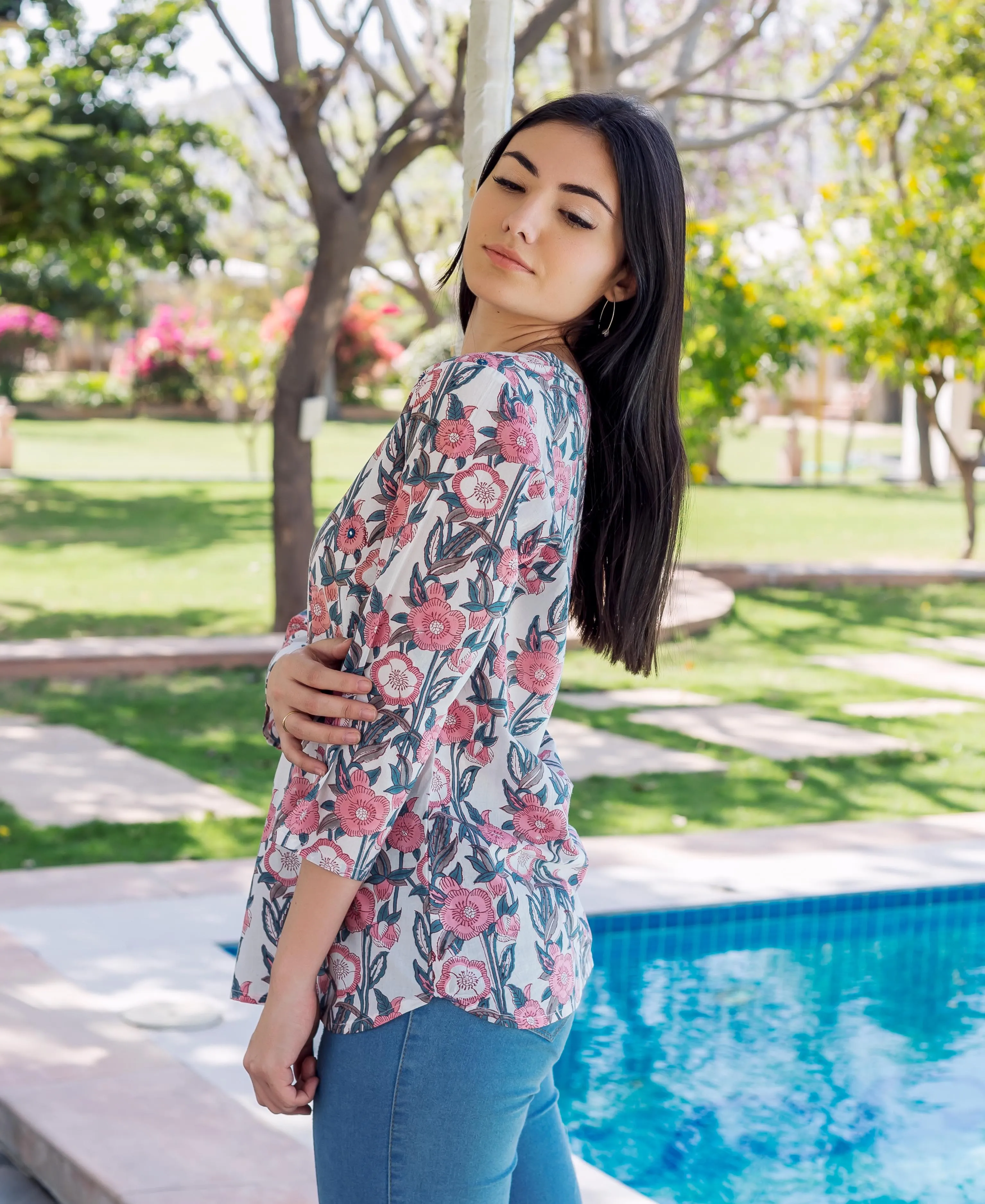 Grey and Pink Block Printed Noya Top