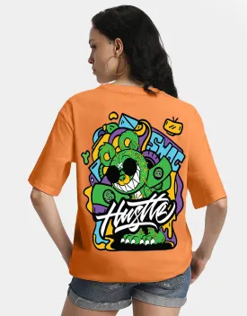 HUSTLE Women Orange Oversized Back Graphic Printed Tshirt