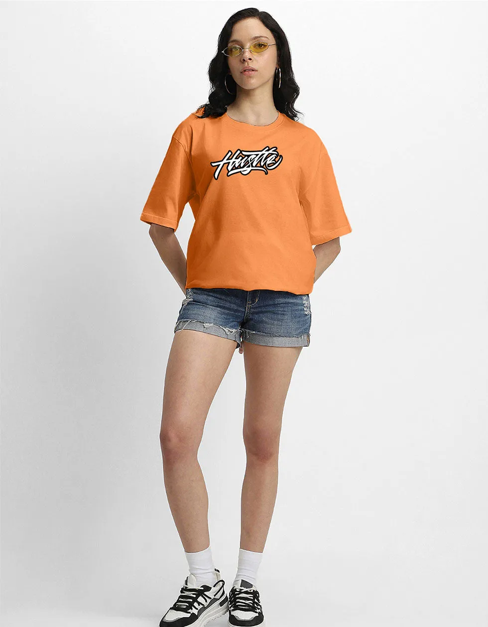 HUSTLE Women Orange Oversized Back Graphic Printed Tshirt