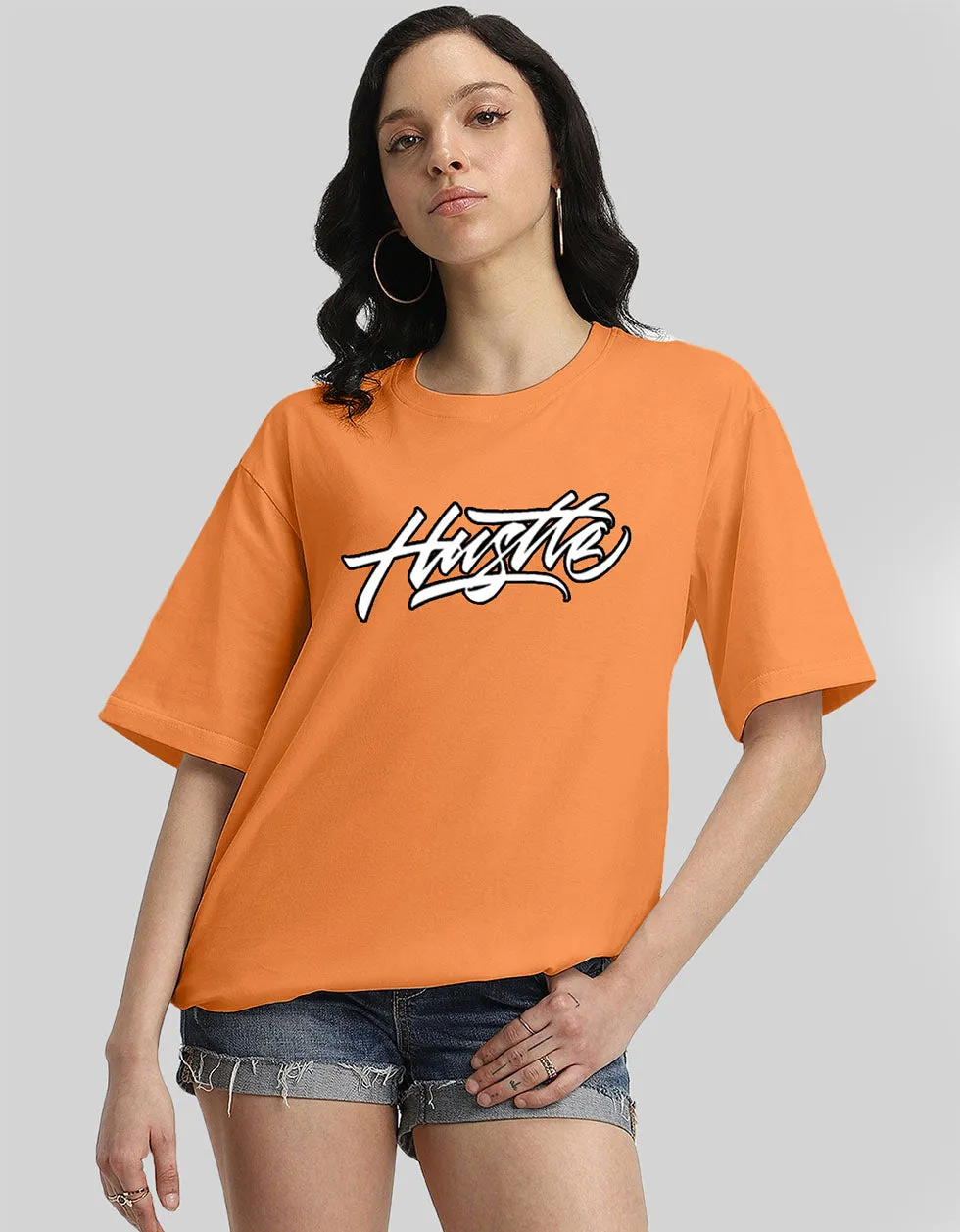 HUSTLE Women Orange Oversized Back Graphic Printed Tshirt