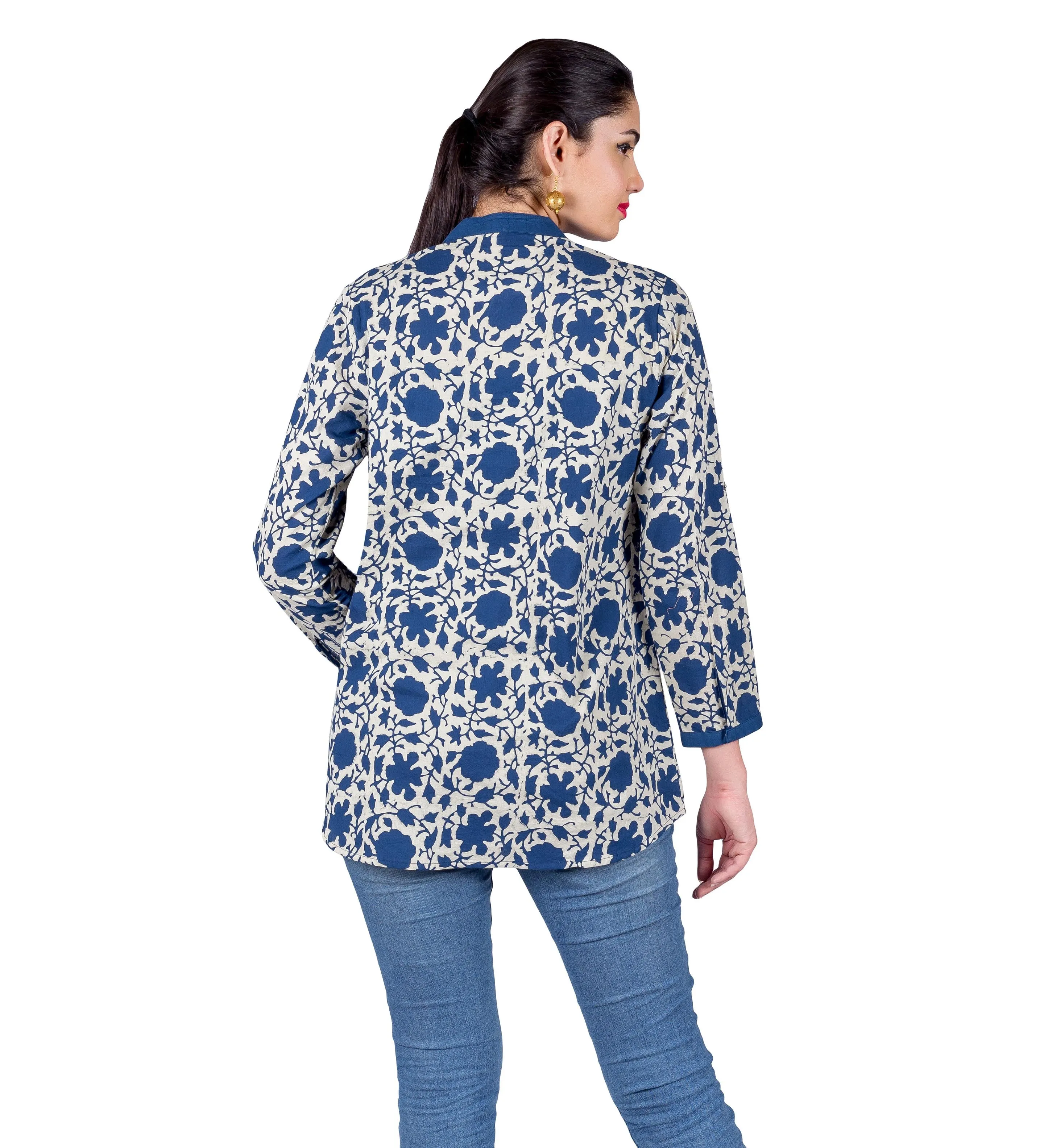 Indigo Blue White Button Up Hand Block Printed Ethnic Top