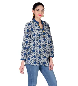 Indigo Blue White Button Up Hand Block Printed Ethnic Top