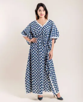 Indigo White Polka Dots Hand Block Printed V Neck Kaftan