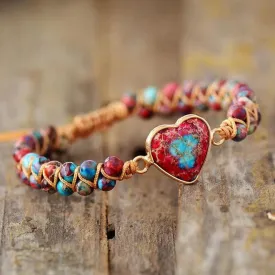 Jasper Heart Charm Braided Bracelet - red