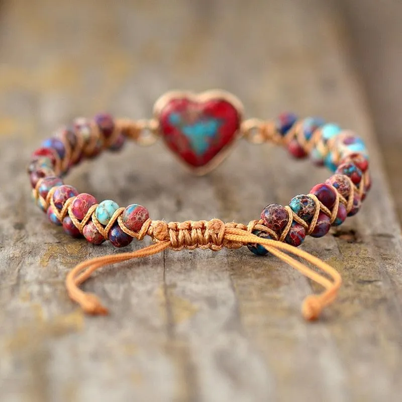 Jasper Heart Charm Braided Bracelet - red