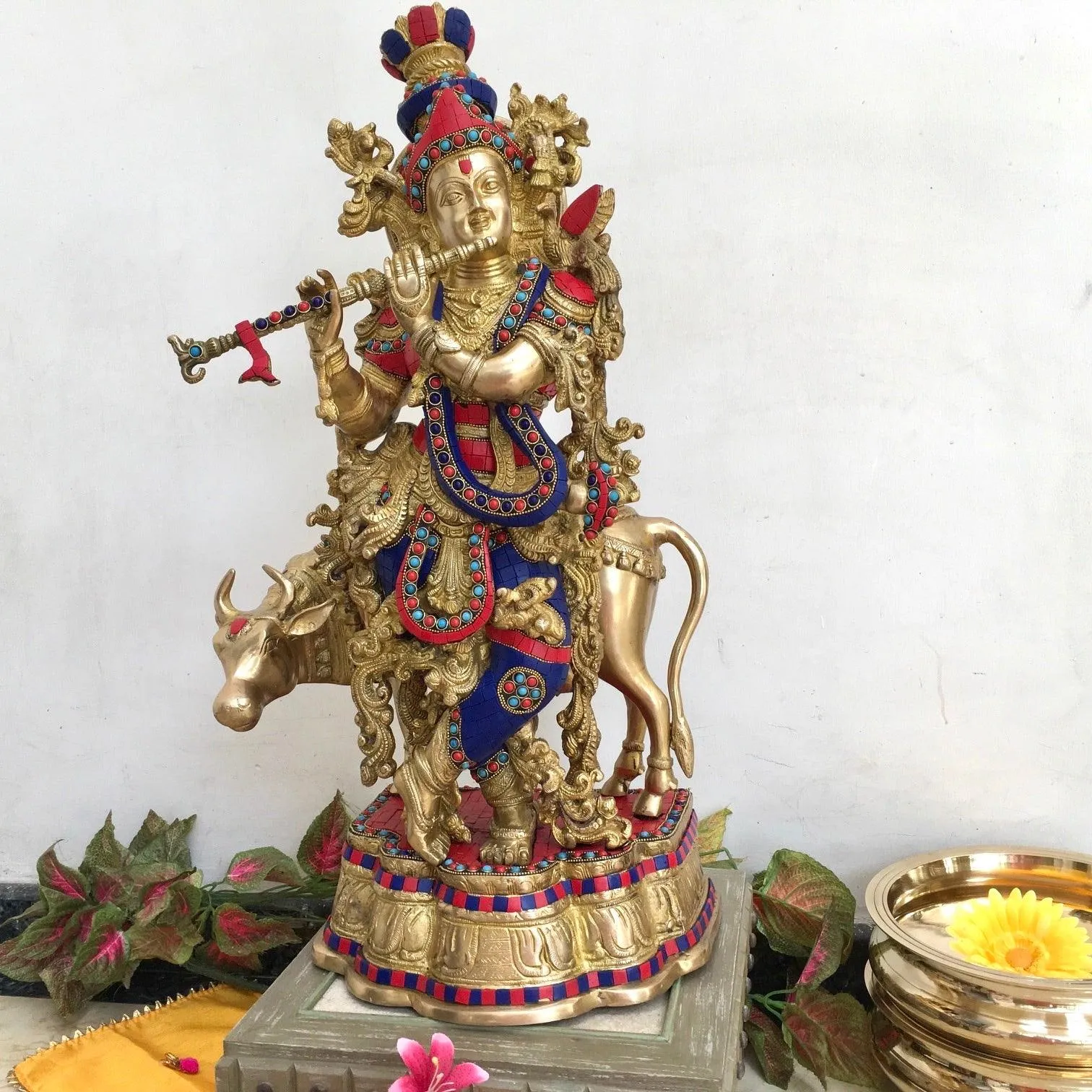 Lord Krishna Cow idol, 26 Inch Large Brass Stonework Statue for Home