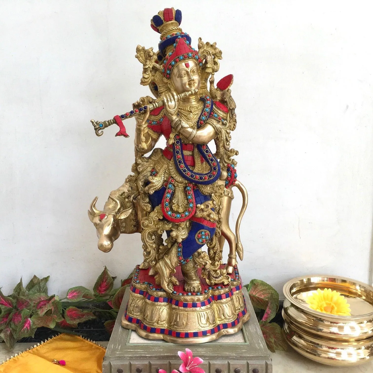 Lord Krishna Cow idol, 26 Inch Large Brass Stonework Statue for Home