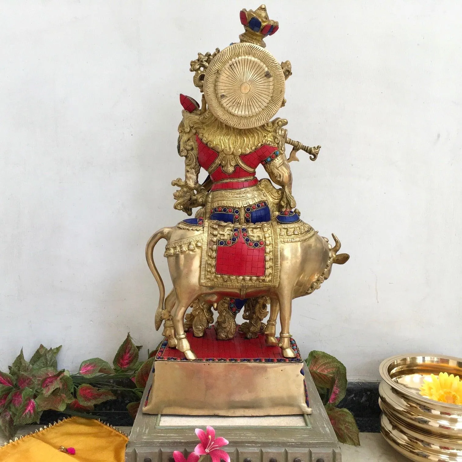 Lord Krishna Cow idol, 26 Inch Large Brass Stonework Statue for Home