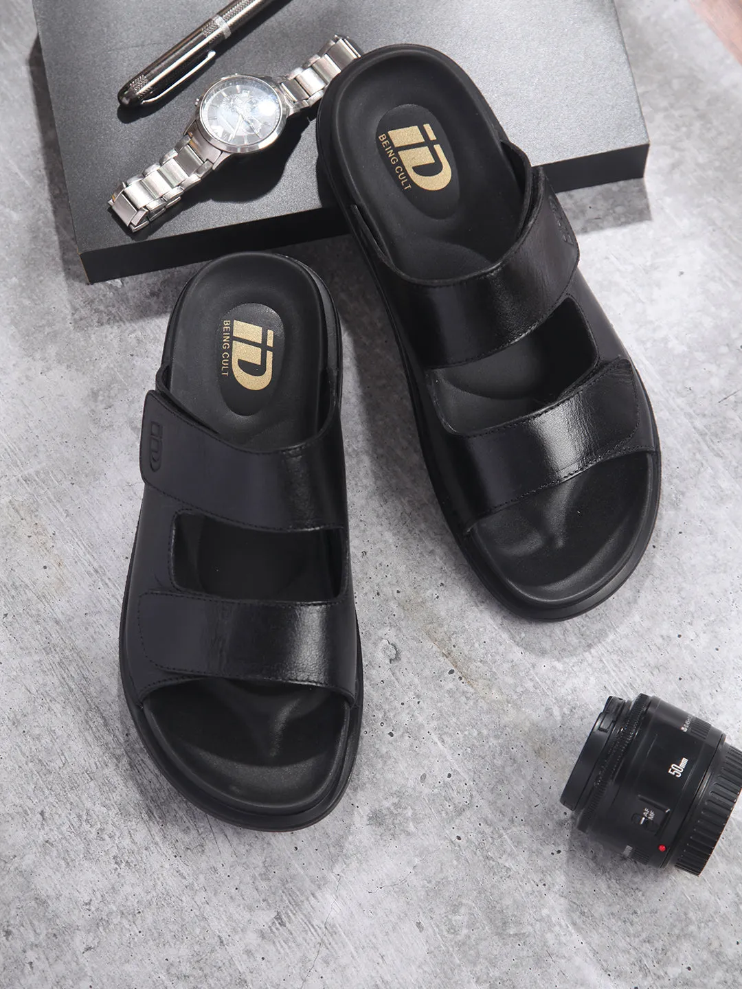 Men's Black Leather Casual Slip On Sandal (ID4211)