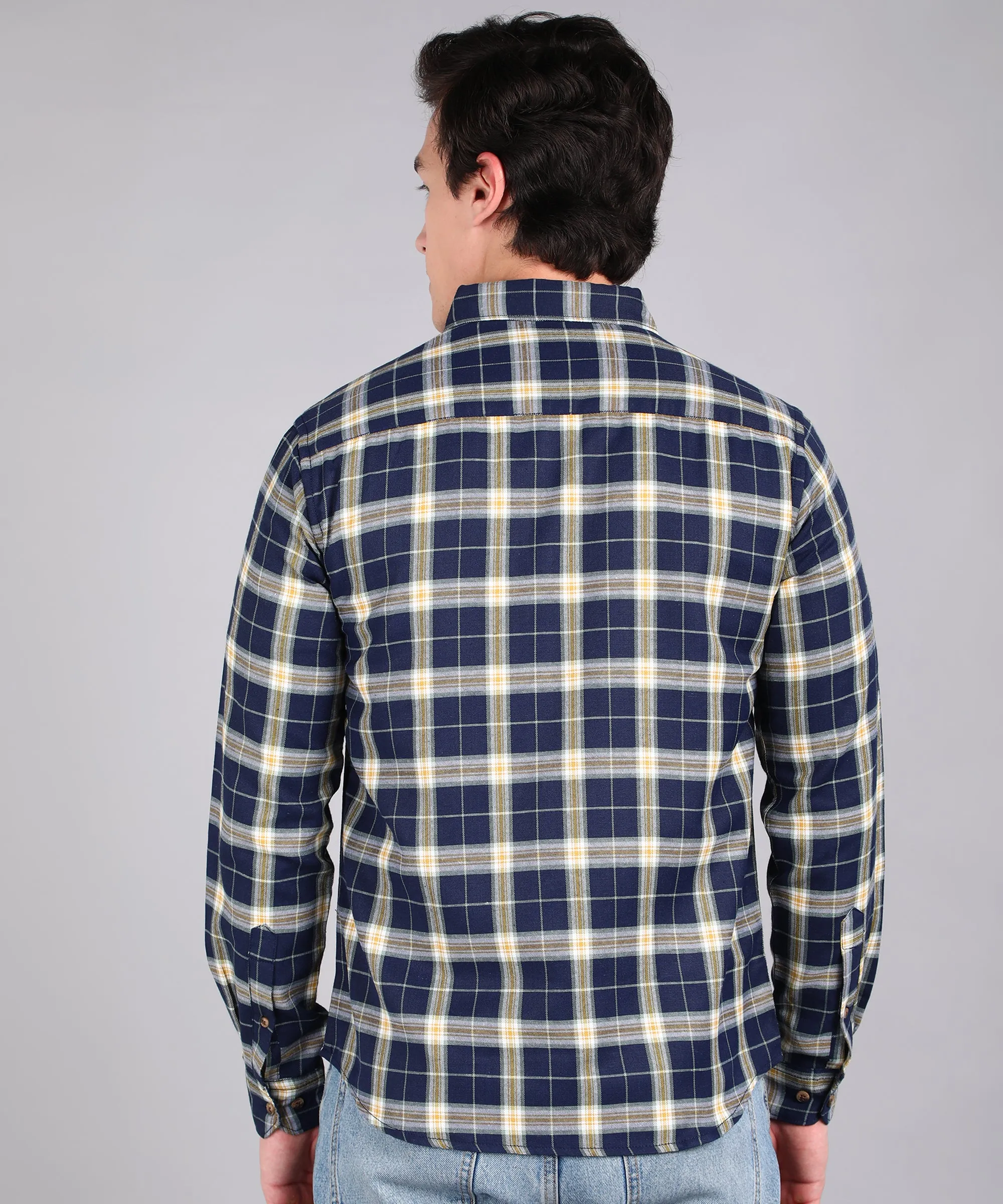 Men's Blue Cotton Full Sleeve Slim Fit Casual Checkered Shirt