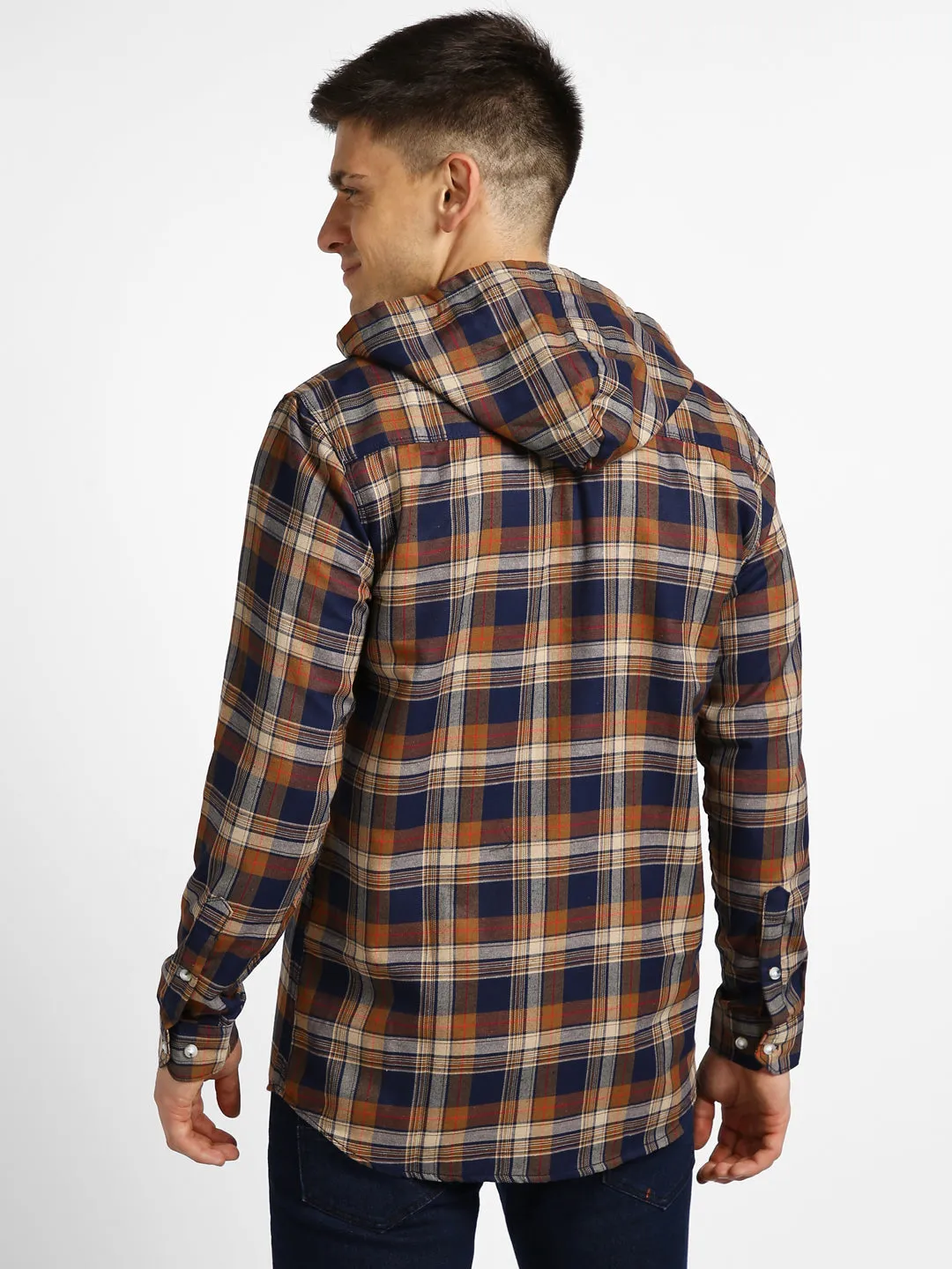 Men's Orange Cotton Full Sleeve Slim Fit Casual Checkered Shirt with Hooded Collar