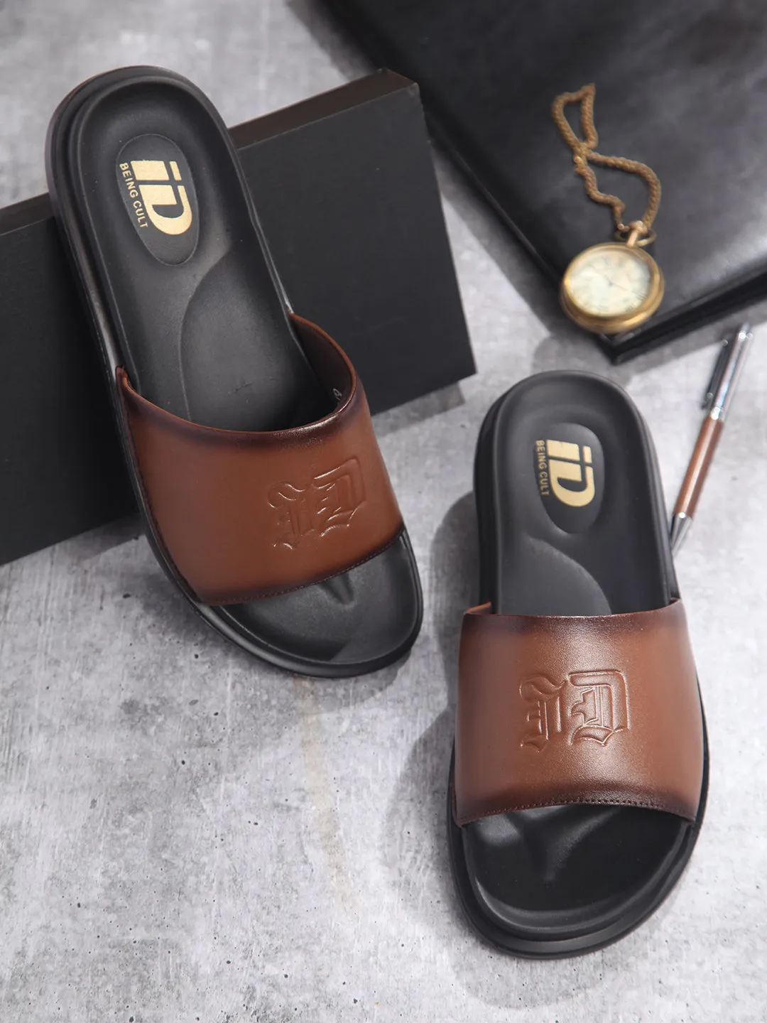 Men's Tan Leather Casual Slides (ID4210)