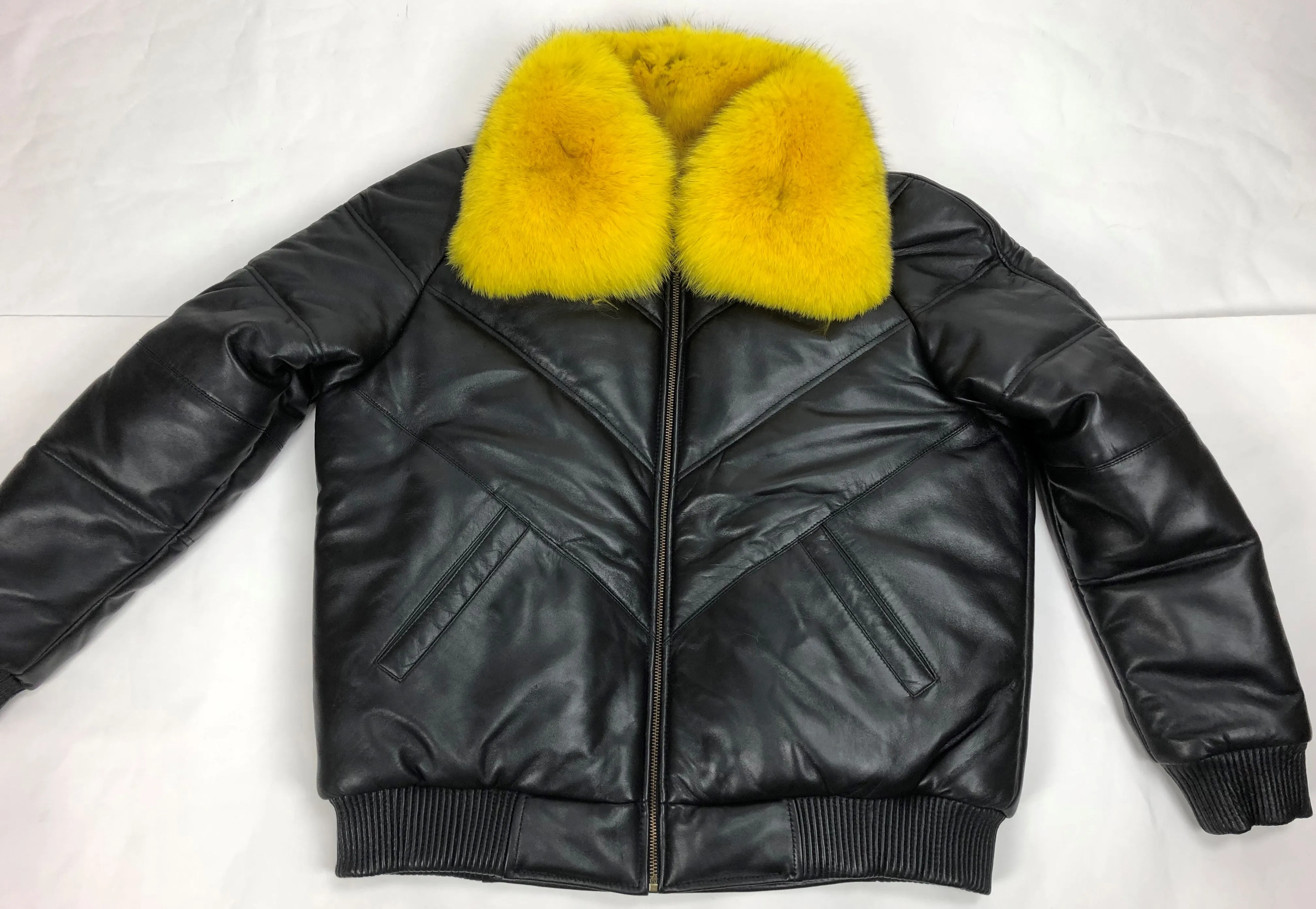 Men's V-Bomber Black Premium Yellow Fox Collar