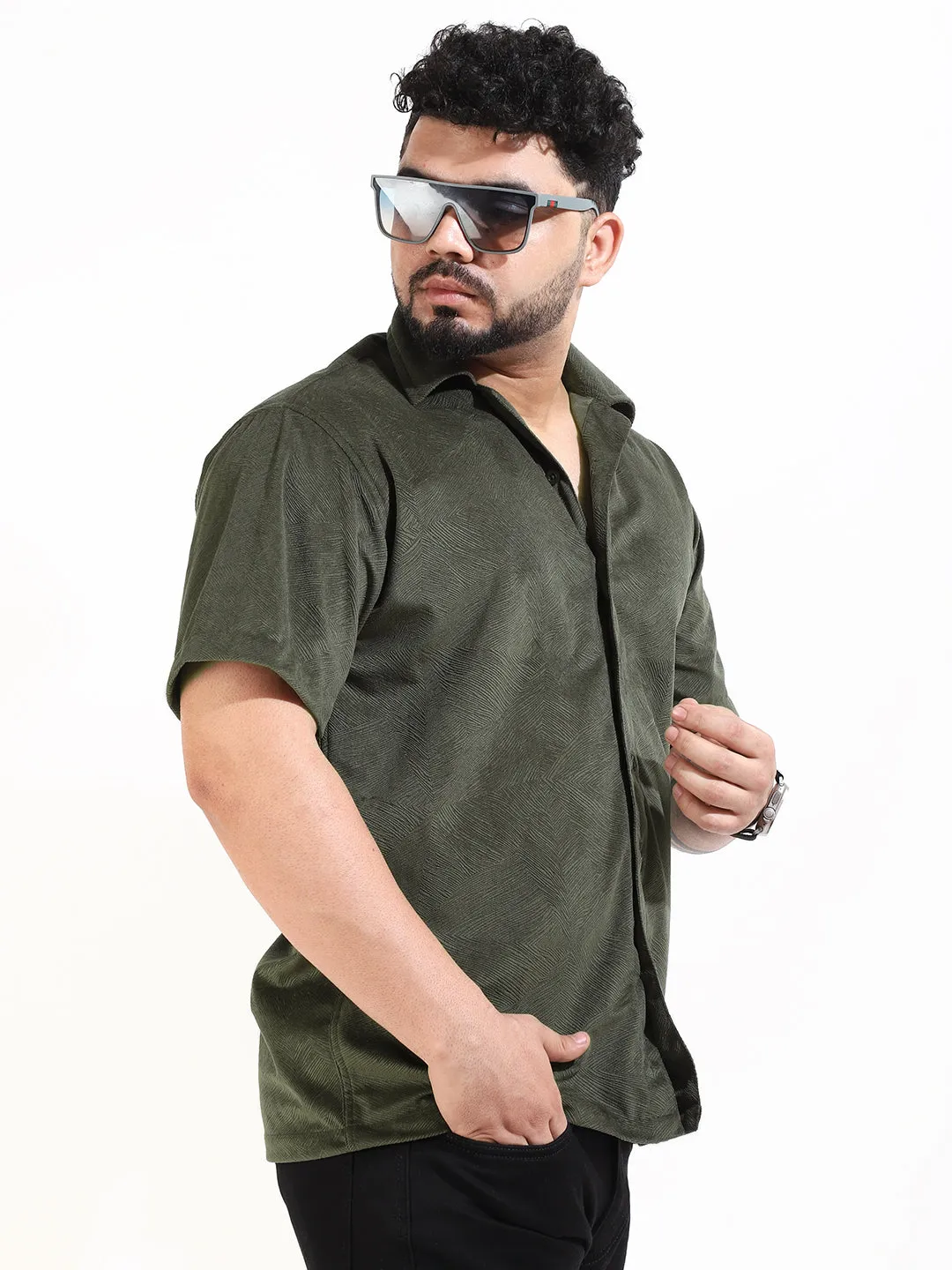 Olive Corduroy Velvet Half Sleeve Shirt