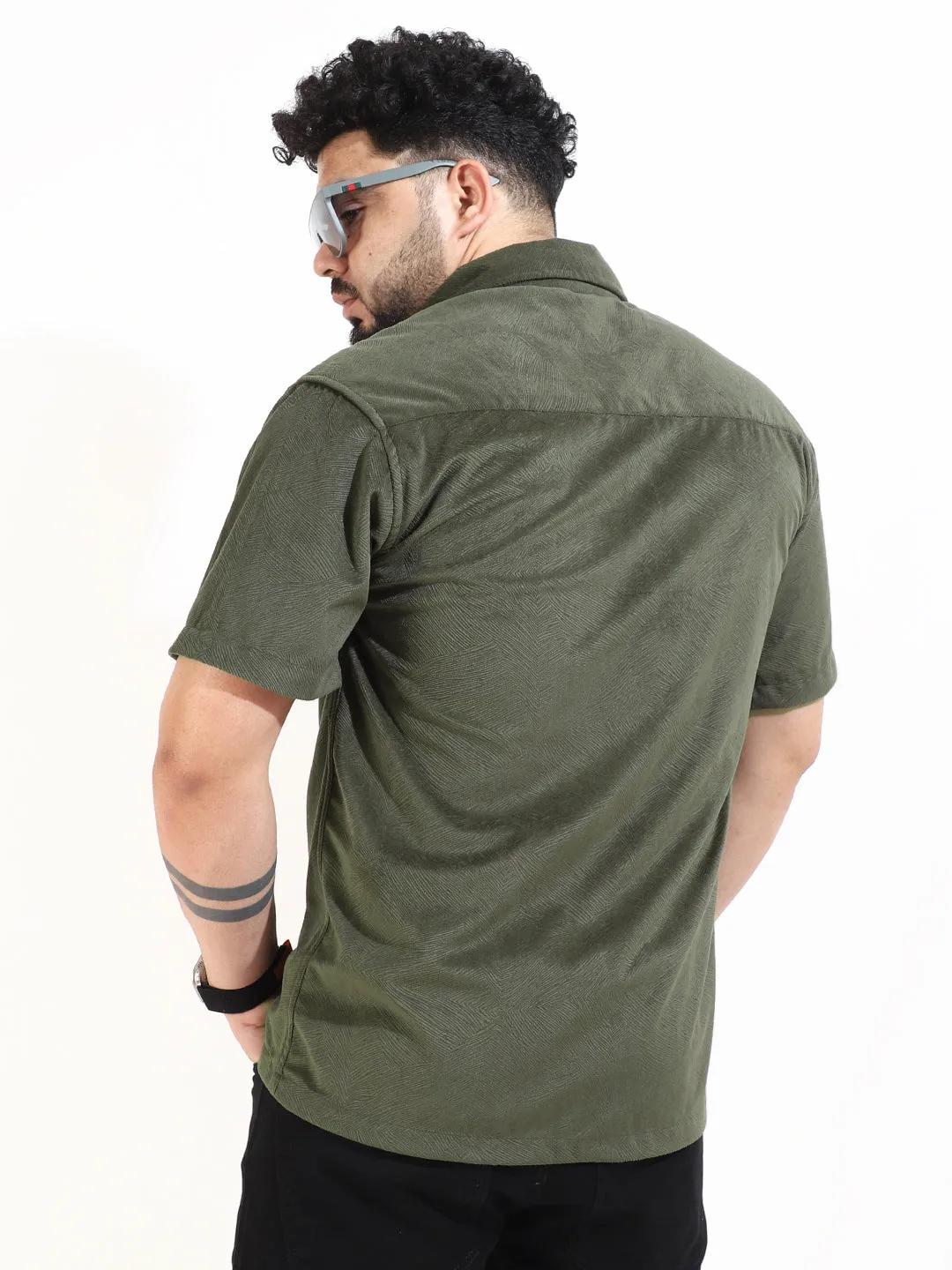 Olive Corduroy Velvet Half Sleeve Shirt