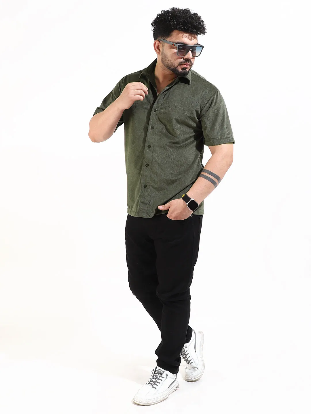 Olive Corduroy Velvet Half Sleeve Shirt