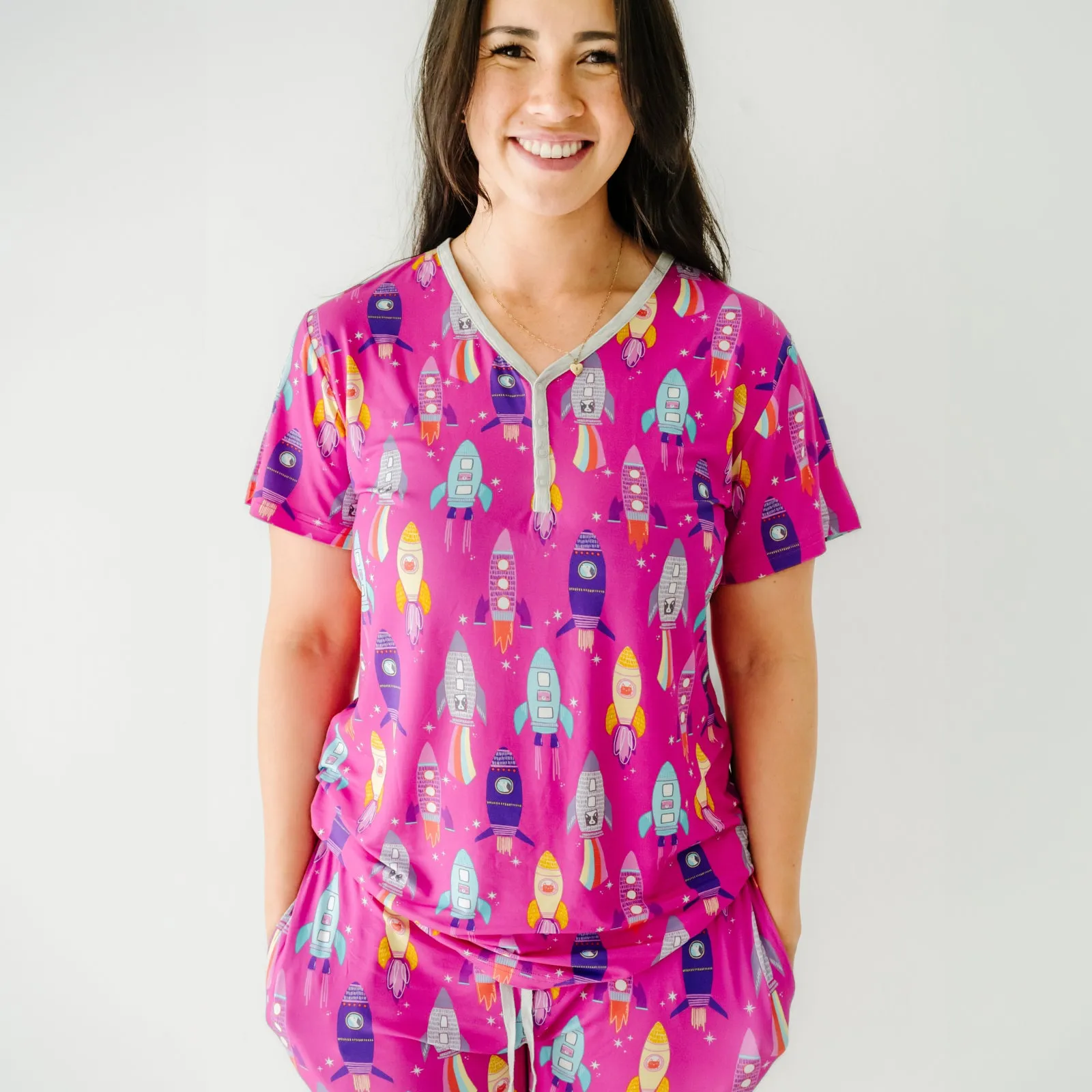 Pink Space Explorer Women's Short Sleeve Pajama Top