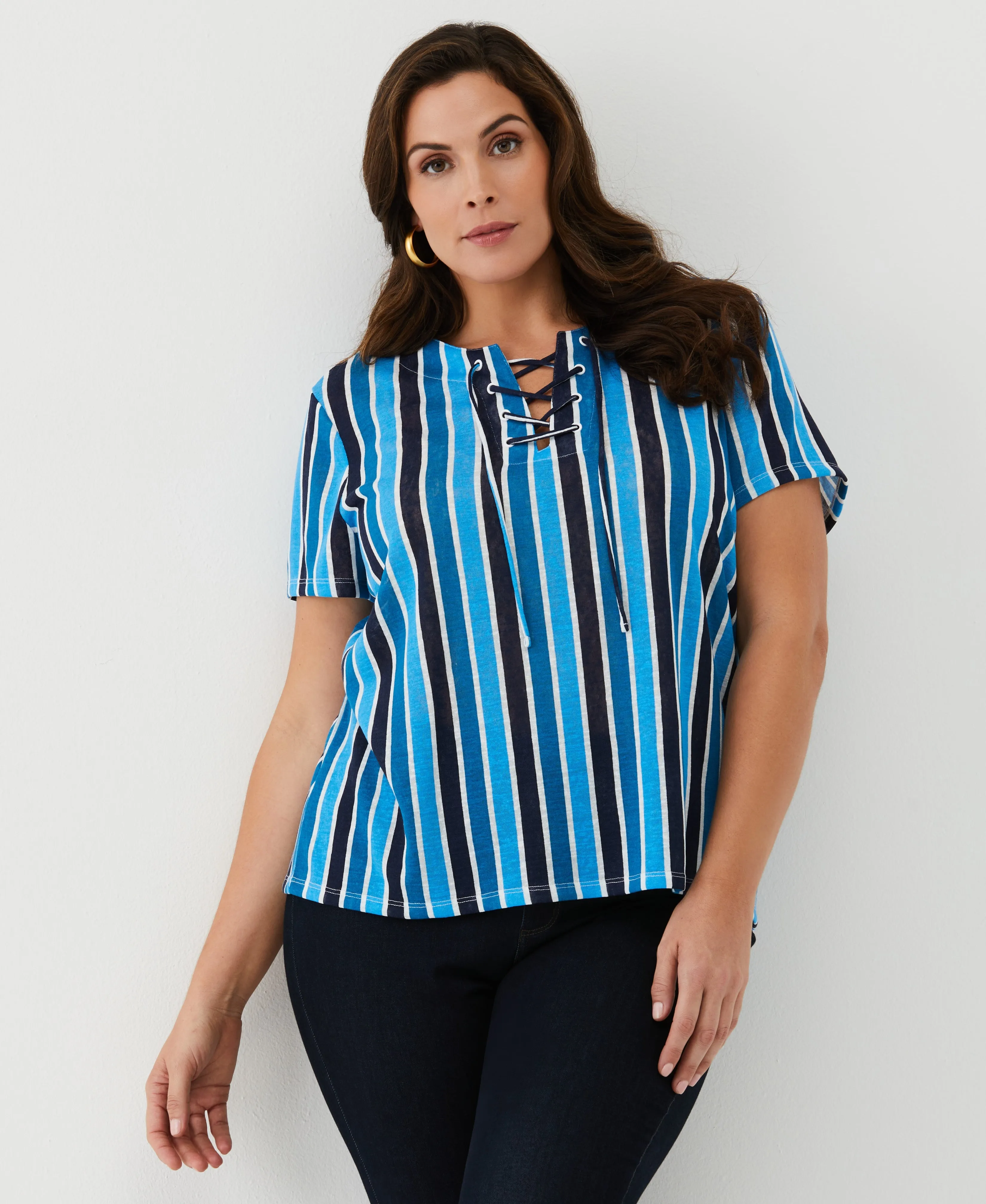 Eco-Friendly Plus Size Striped Lace-Up Tee