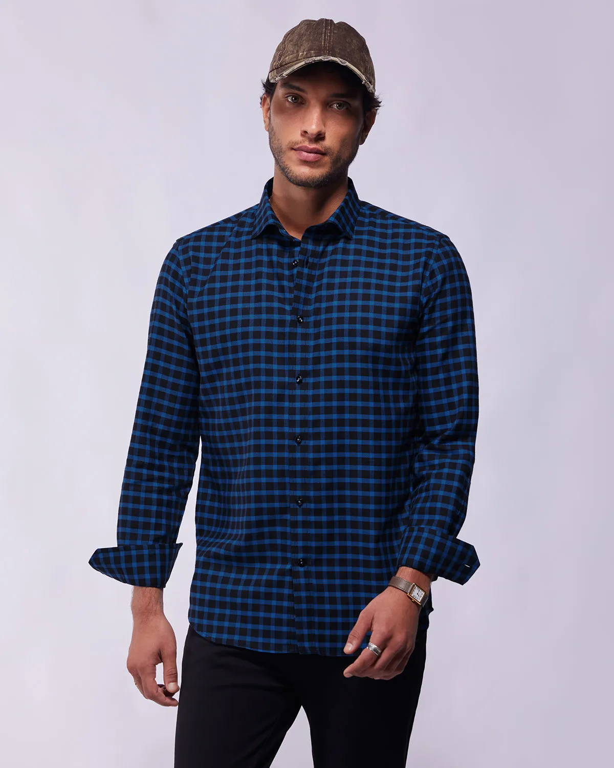 Somelos Brushed Twill Checked Shirt - Navy