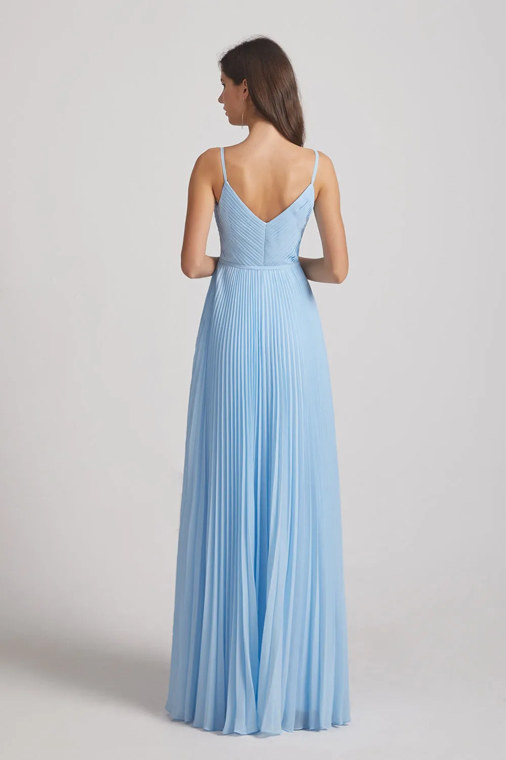 Spaghetti Straps V-Neck Pleated Blue Chiffon Bridesmaid Dresses (AF0053)